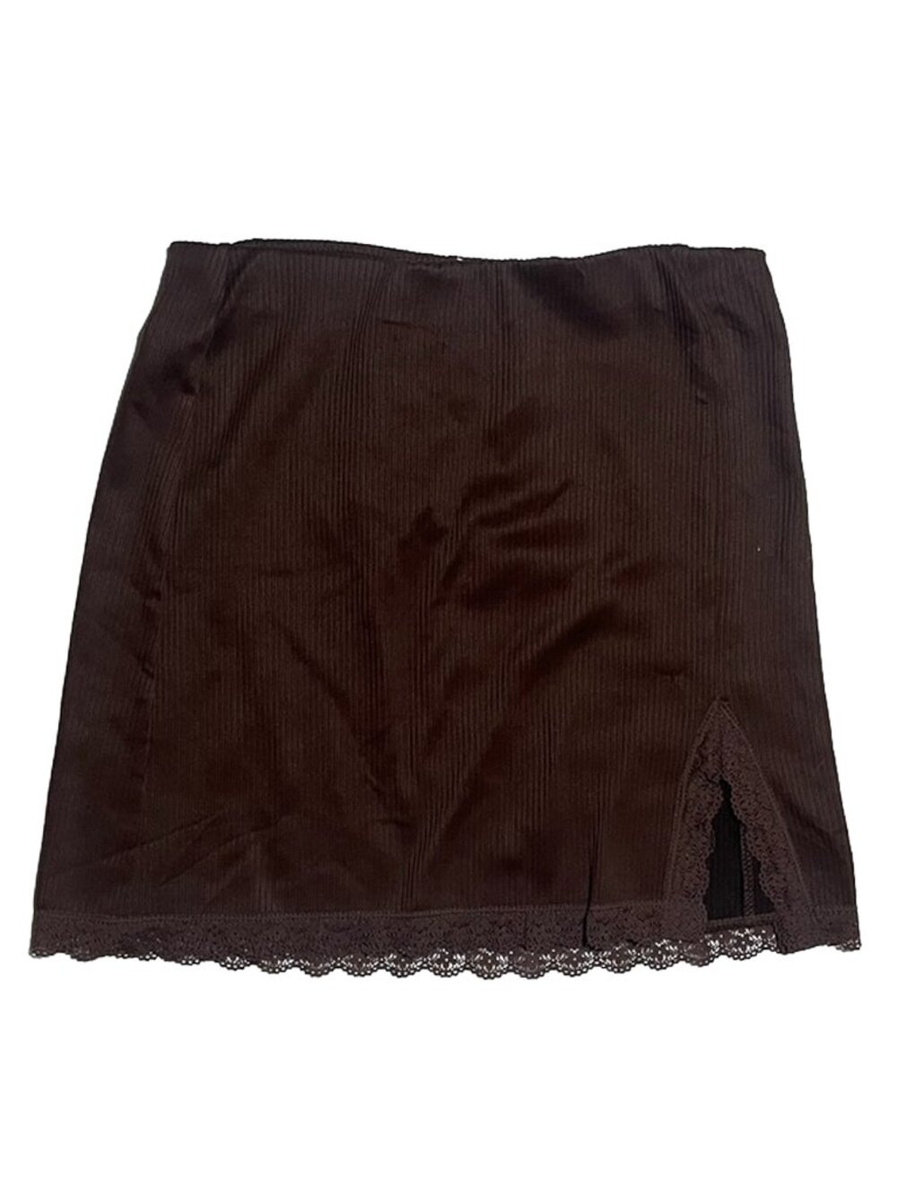 Ribbed Mini Skirt Lace Trim Front Slit